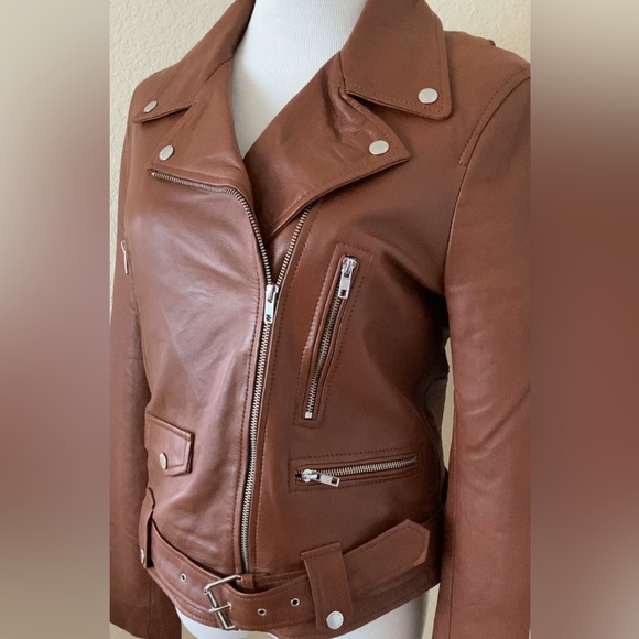 Motorcycle jacket soft leather cognac brown leather jacket size M moto jacket - Picture 3 of 16